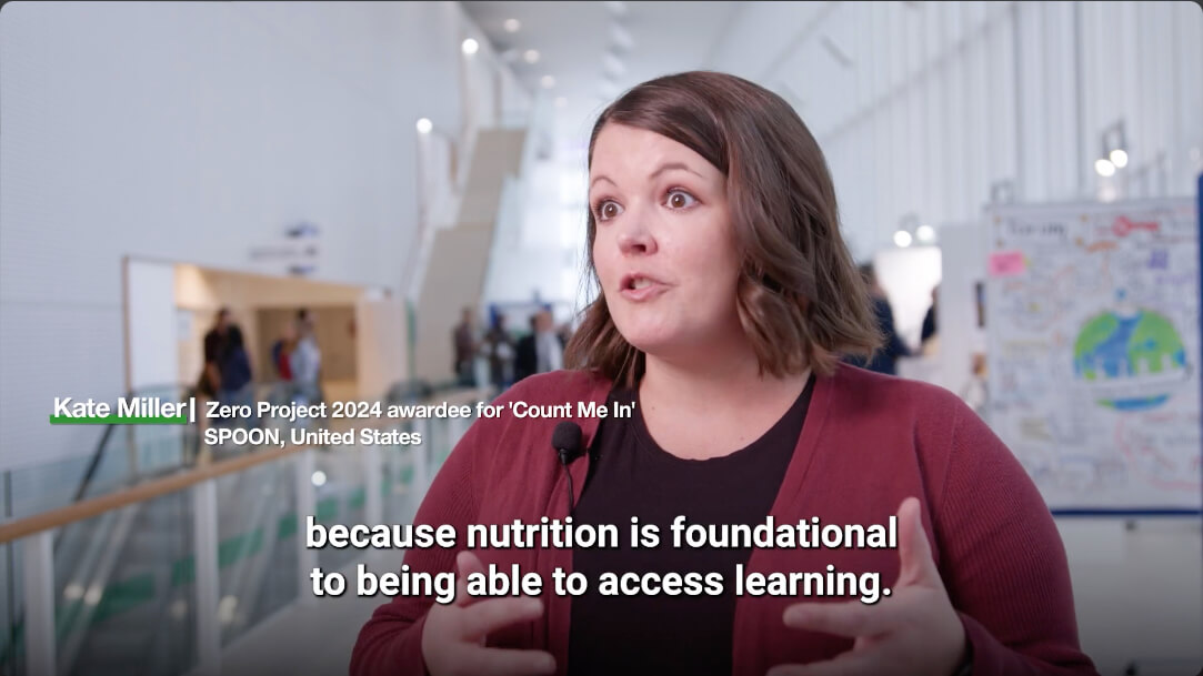 Screenshot of a video of SPOON's Kate Miller speaking at the Zero Project Conference.